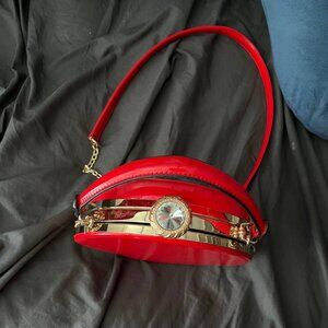 Red Patent Round Clutch Bag Top Handle Evening Purse Gold Hardware